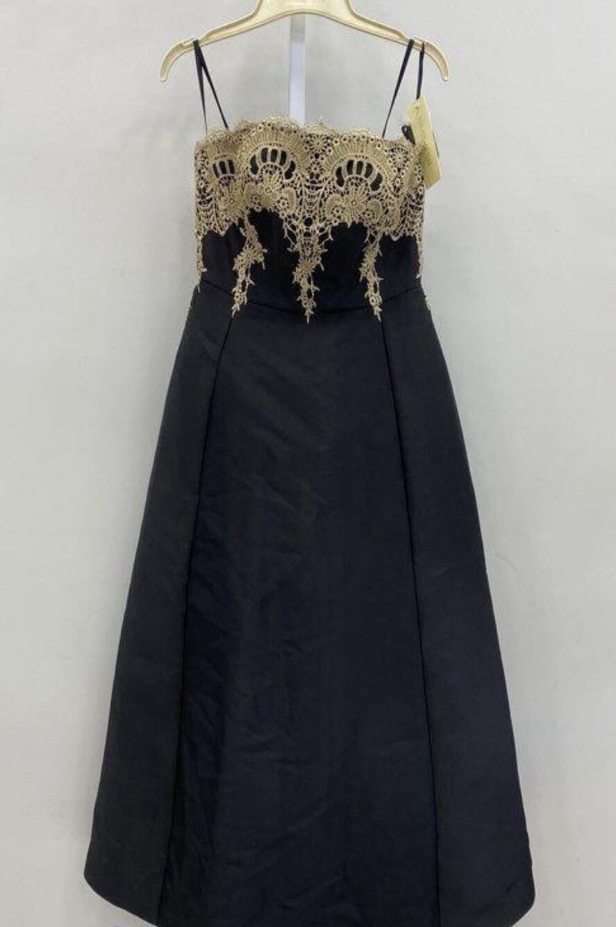 $855 MIKAEL AGHAL Strapless Formal Gown Dress Black Gold Trim Tulle Small S 4